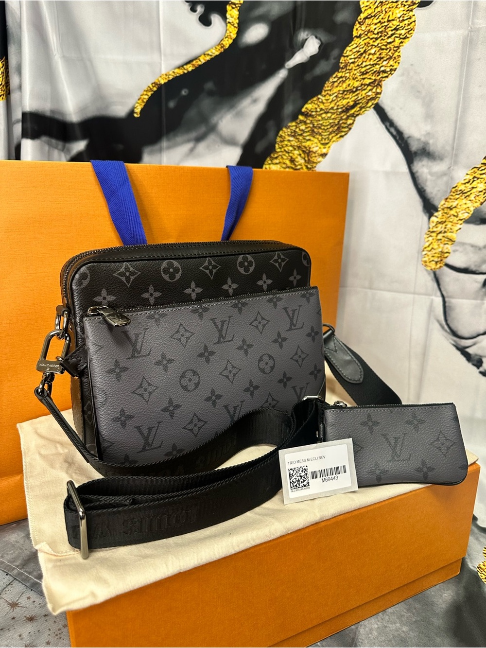 Louis Vuitton Gray & Black Monogram Messenger Bag with Pouch